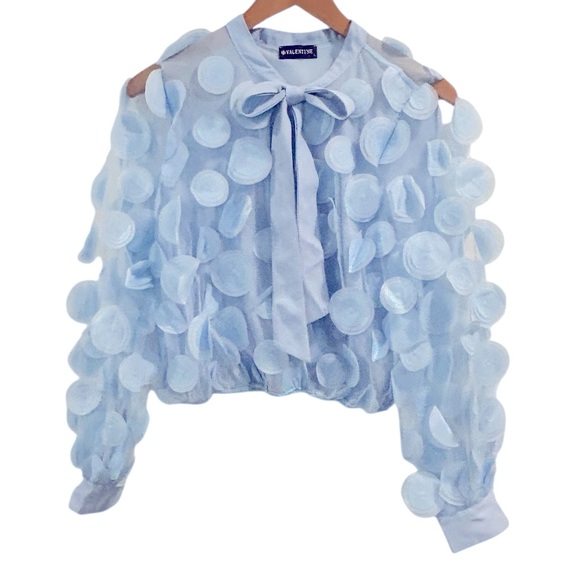 French Retro 3D Circle Detail Chiffon Bow Neck Tie Sheer Blouse Euro Billowy L - Picture 3 of 7